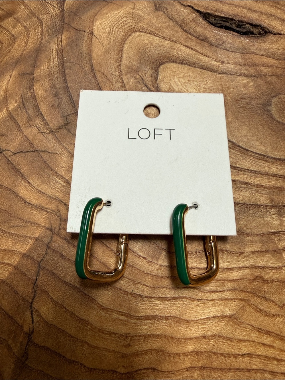 LOFT Green and Gold Rectangular Enamel Hoop Earrings
